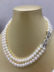 new 2 rows AAAA++9-10mm circular natural akoya white pearl necklace  18