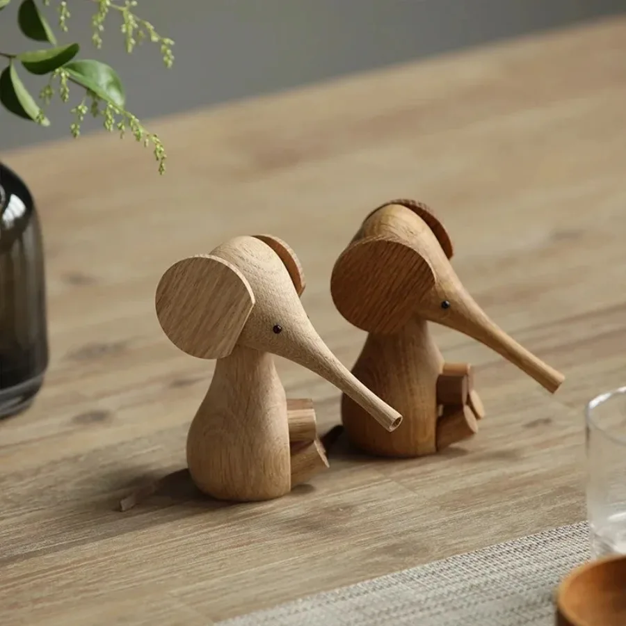 Nordic Solid Wood Elephant Figurine Danish Style White Oak Beech Handmade Creative Home Decor Ornament For Desk Shelf Display