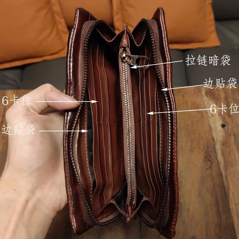 AETOO Handmade leather long purse vintage do old hand wrap top layer cattle pickup wrap plant tanned leather men\'s zipper phone