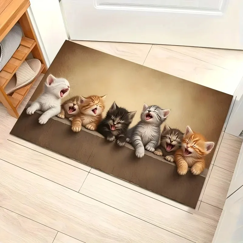 Kitten Wooden Crack Doormat Cute Cat Animal Print Soft Floor Rug for Front Door Entrance Indoor Home Pet Theme Art Decor