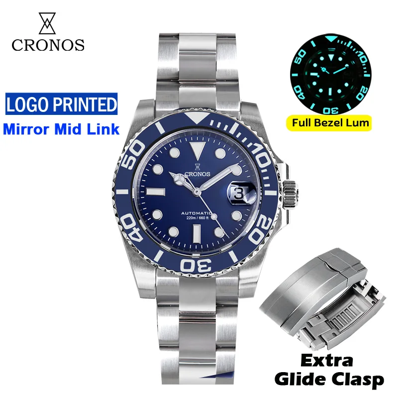 Cronos Sub Diver Men Watch Stainless Steel PT5000 Brushed Bracelet