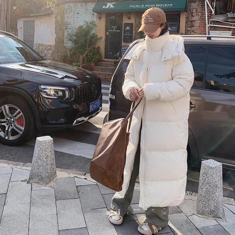Witte Eendendons Jas Koreaanse Losse Capuchon Dikke Warme Lange Donsjack Vrouwen Winterjas voor Vrouwen Vrouwelijke Parka Outerwears