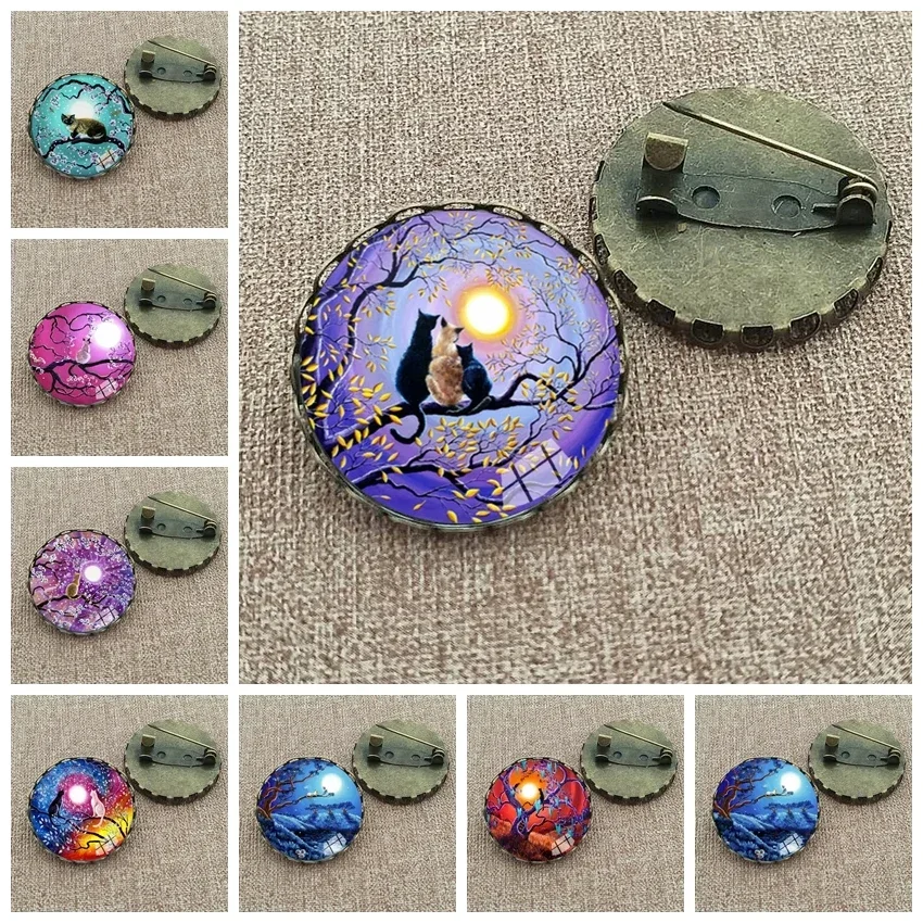 New Style Cat Under Night Sky Brooch Pin Animal Photo Glass Cabochon Brooches Cartoon Painting Pins Gifts Women