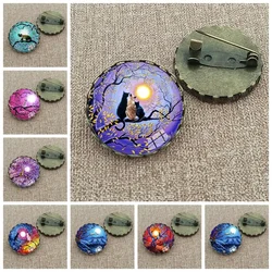 New Style Cat Under Night Sky Brooch Pin Animal Photo Glass Cabochon Brooches Cartoon Painting Pins Gifts Women