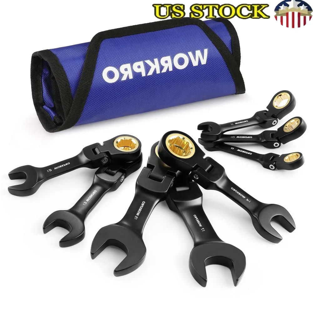 8-Piece Stubby Ratchet Wrench Set Metric 8-17 mm Flex-Head CRV Black Coated 72-Teeth