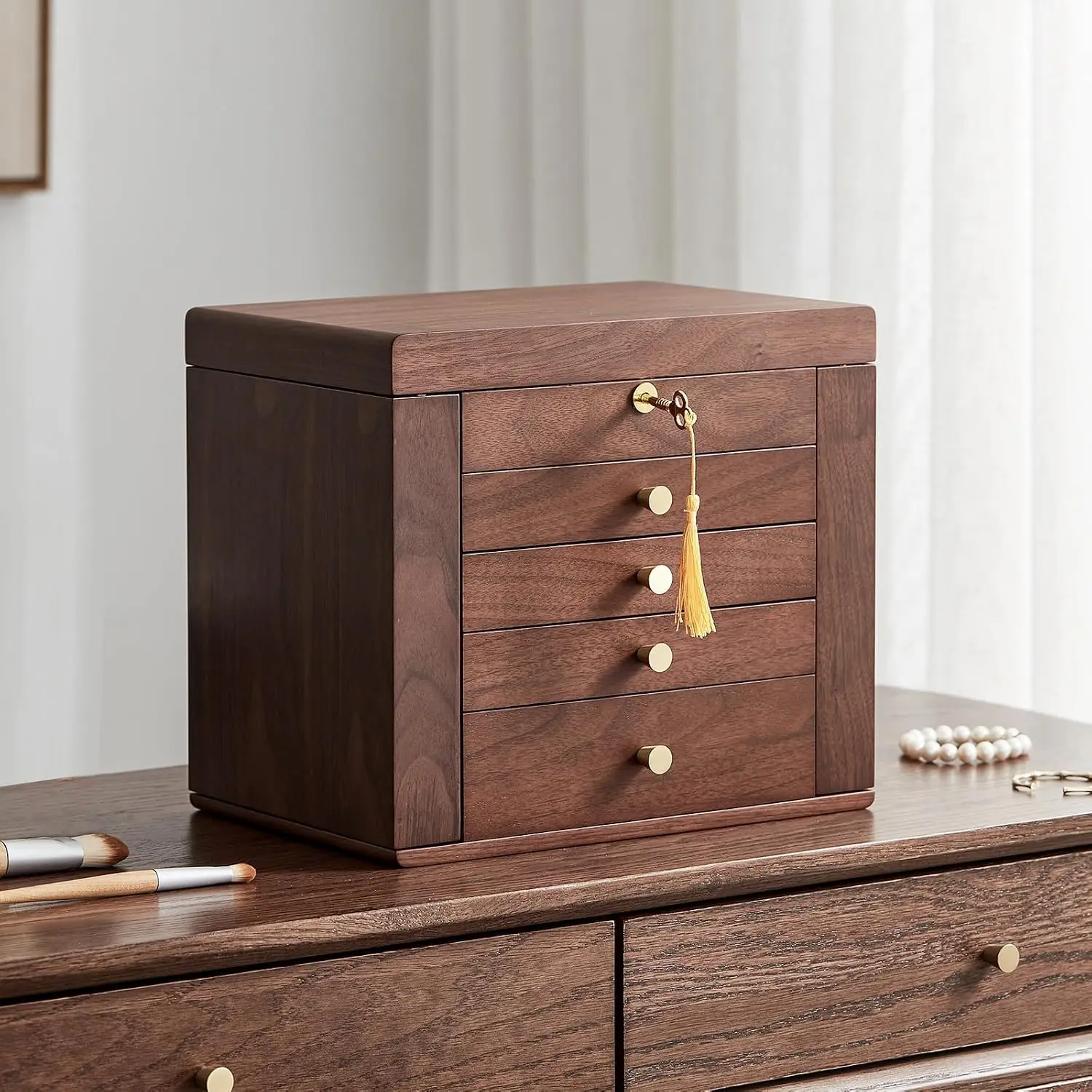 Black Walnut Wooden Jewelry Box Wood Jewelry Organizer with 2 Side Doors Mirror Lockable Classical Style for Watch Necklace Ring Earring Storage, Ideal Gift for Women-5 Layer