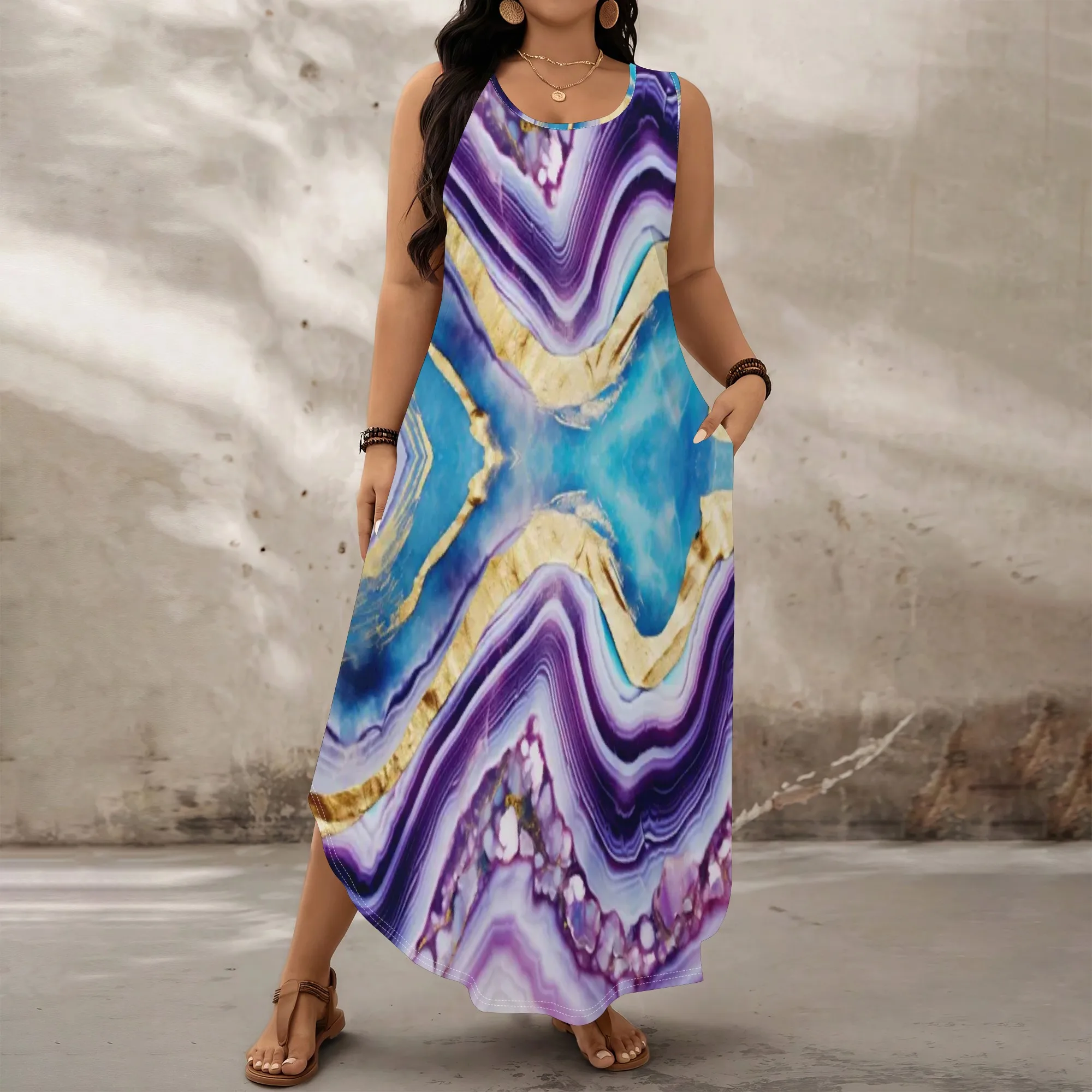 

Geode Print Plus Size Dress XL‑6XL Sleeveless Loose Fit Maxi Style for Art Show, Vacation Dinner or Elegant Summer Resort Look