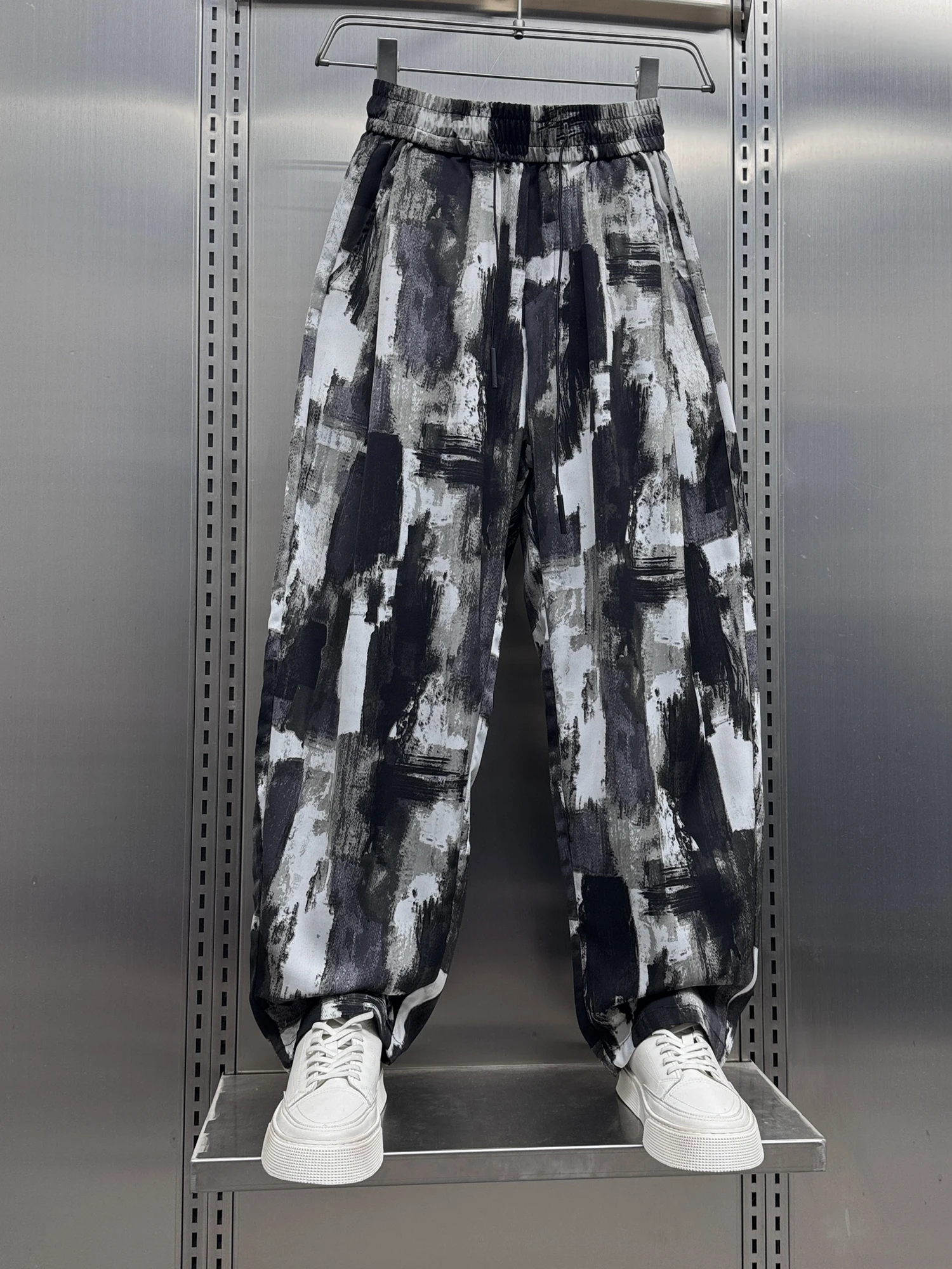 2025 Summer New Ink Tie-dye Flower Pants Men's Ice Silk Drape Cool Feeling Versatile Loose Straight Casual Pants