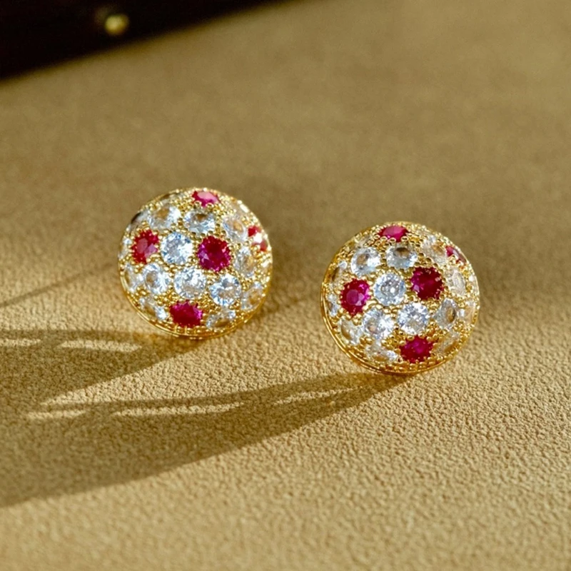 Huitan Royal Runde Ohrstecker für Damen, Goldfarben, edel, für Hochzeit, mit roten/weißen Zirkonia, Verlobung, eleganter Modeschmuck