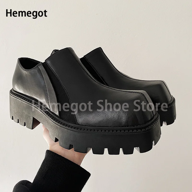 

Retro Square Toe Leather Boots Men's Platform Height Increasing Casual Derby Shoes Black Slip-On British Fashion Men's Shoes