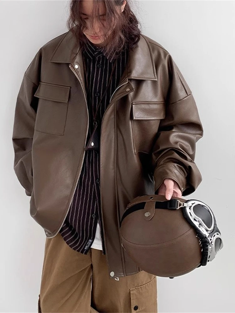 

Коричневая куртка из искусственной кожи для мужчин, весенне-осенняя, модная, в стиле ретро, американская мотоциклетная куртка-пилот, на молнии, с длинными рукавами, свободного кроя