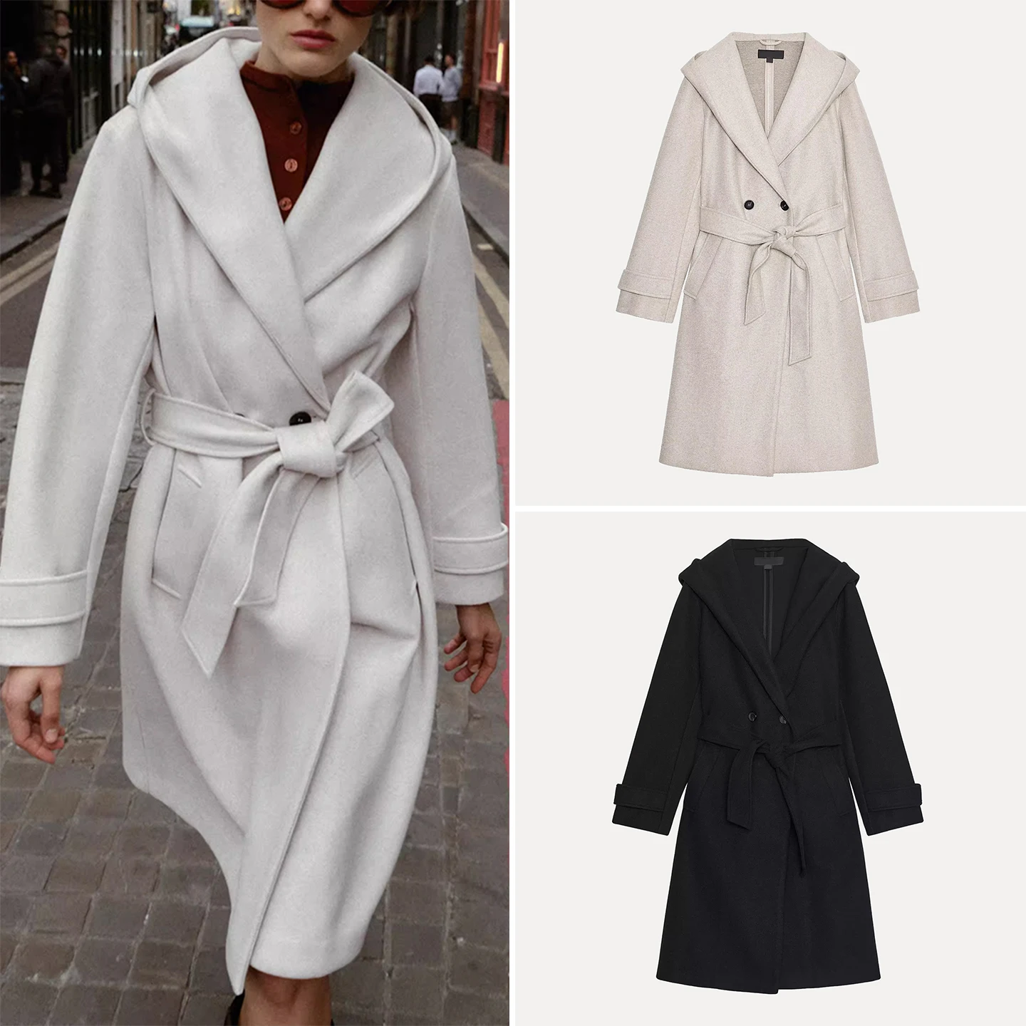 

Z Women's Faion Soft ell Hooded Long Sve Coat 2025 New Sle Commute Straight Cut Mid-Length Double-Breasted