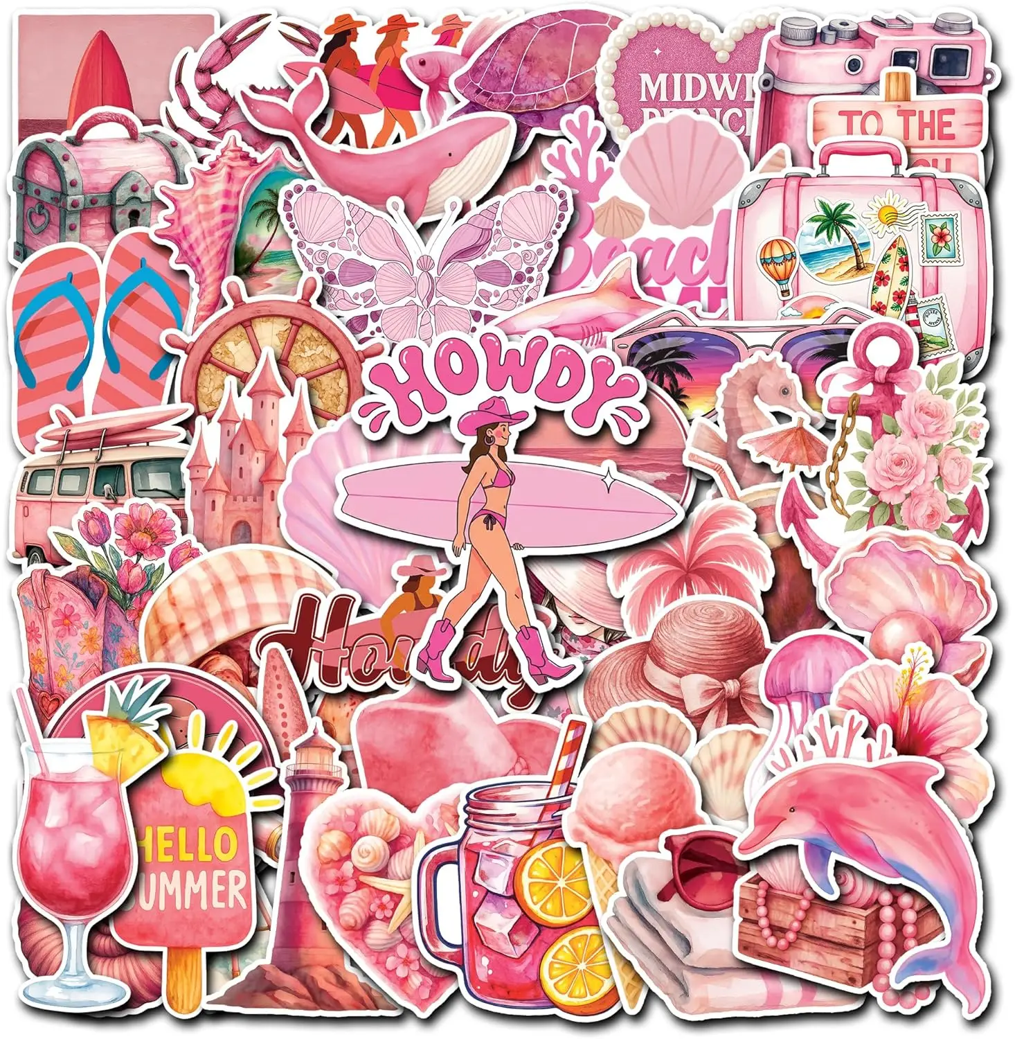 

50 Pcs Pink Summer Stickers Waterproof Ocean Coastal Vinyl Decal Preppy Beach Sticker Laptop