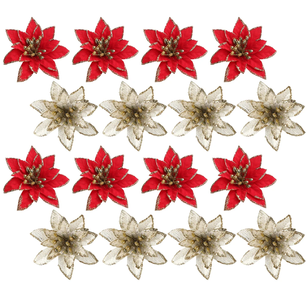 

24Pcs Christmas Flower Decor Glitter Artificial Flowers for Tree Wreath Party Wedding Home 8Cm Diameter Sparkling Ornament