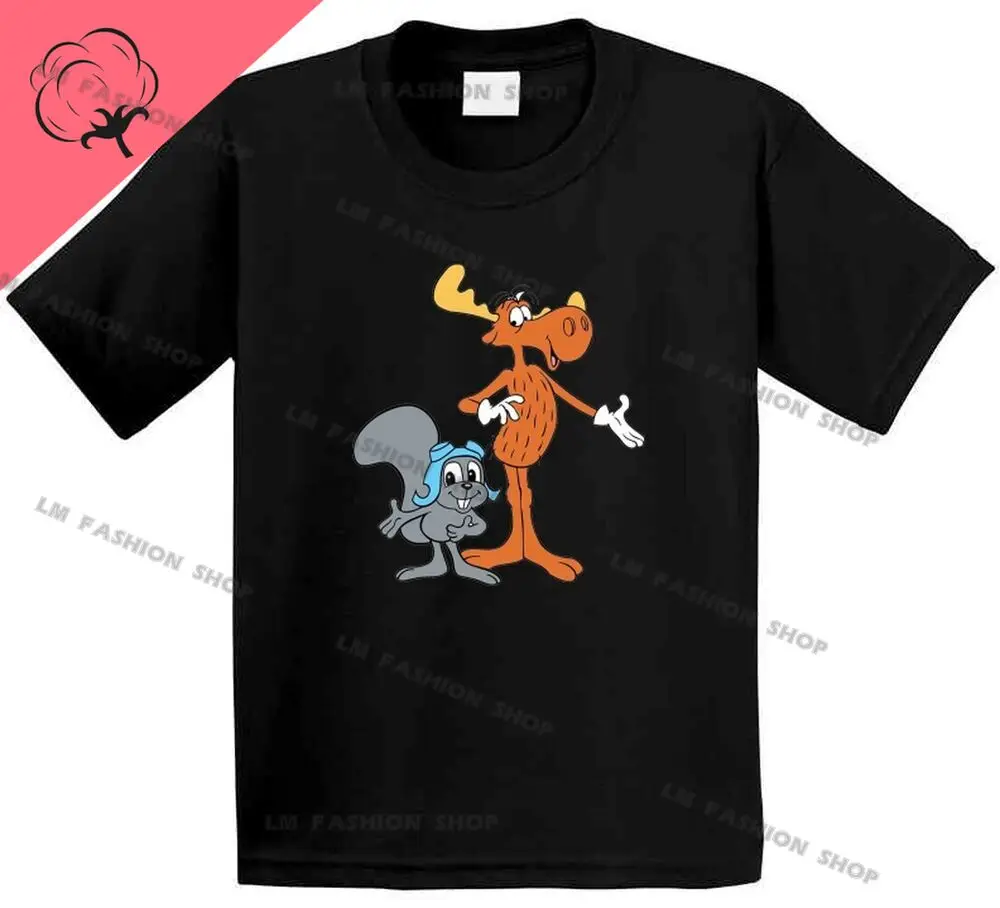 Rocky and Bullwinkle Retro Cartoon Character Women and Men Clothing Cotton Printed T Shirt