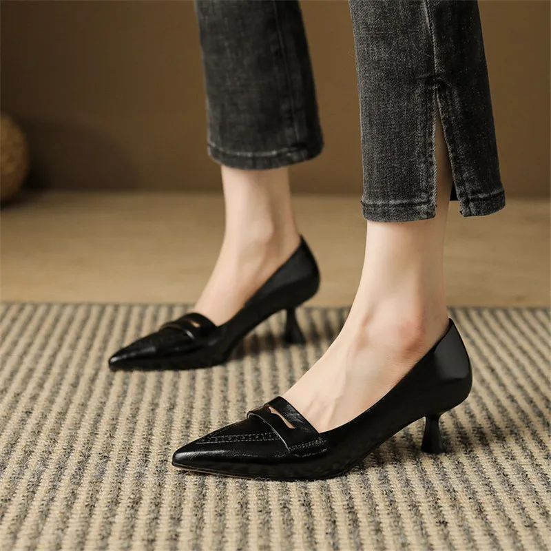 2024 Spring Summer Women Shoes Cowhide Pointed Toe High Heels Women Pumps Brogue Designs Shallow Loafers for Women Ladies Shoes