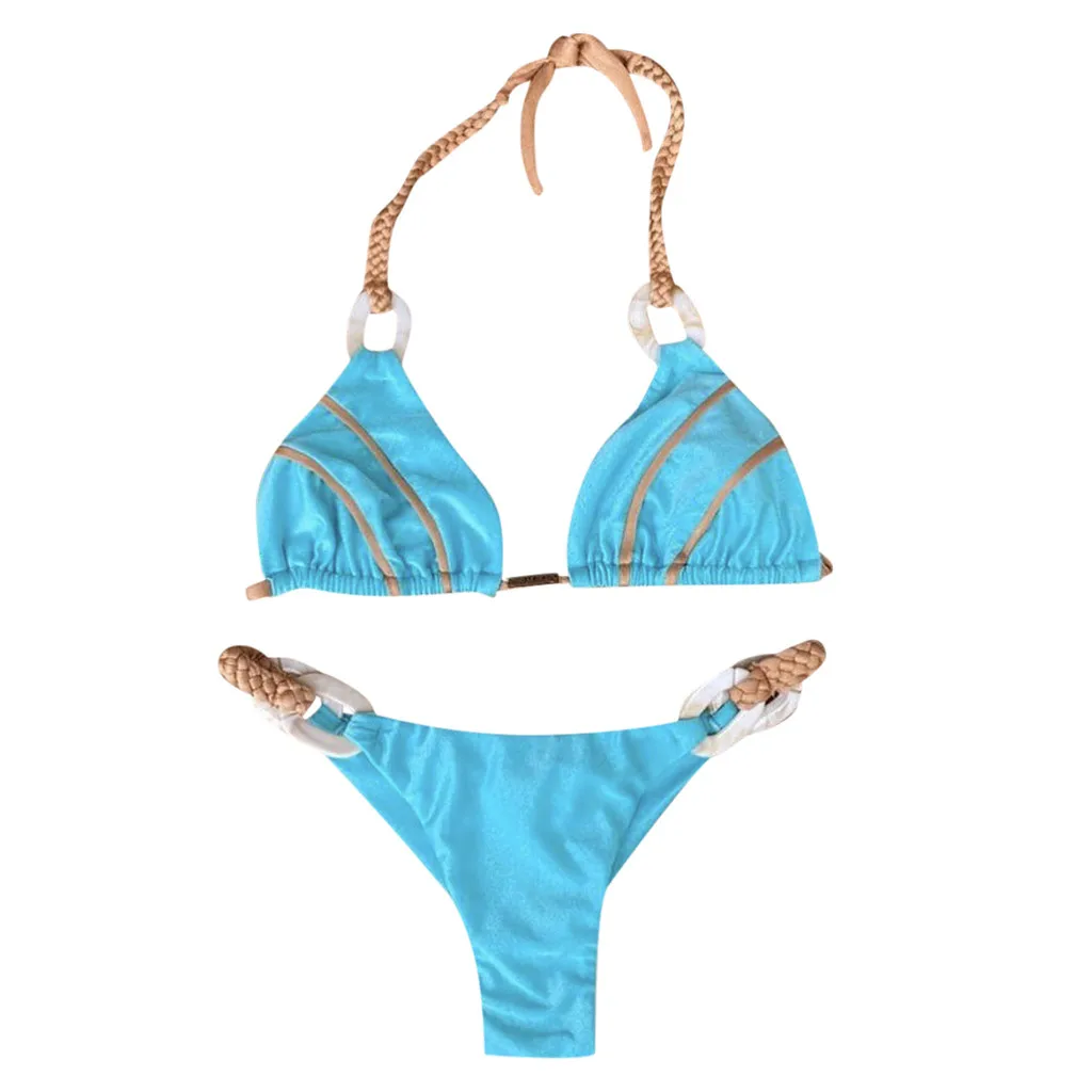 Bikini de cadena dorada de corte alto para mujer, traje de baño Sexy, conjunto de Bikini de dos piezas, bañador con aros, traje de baño