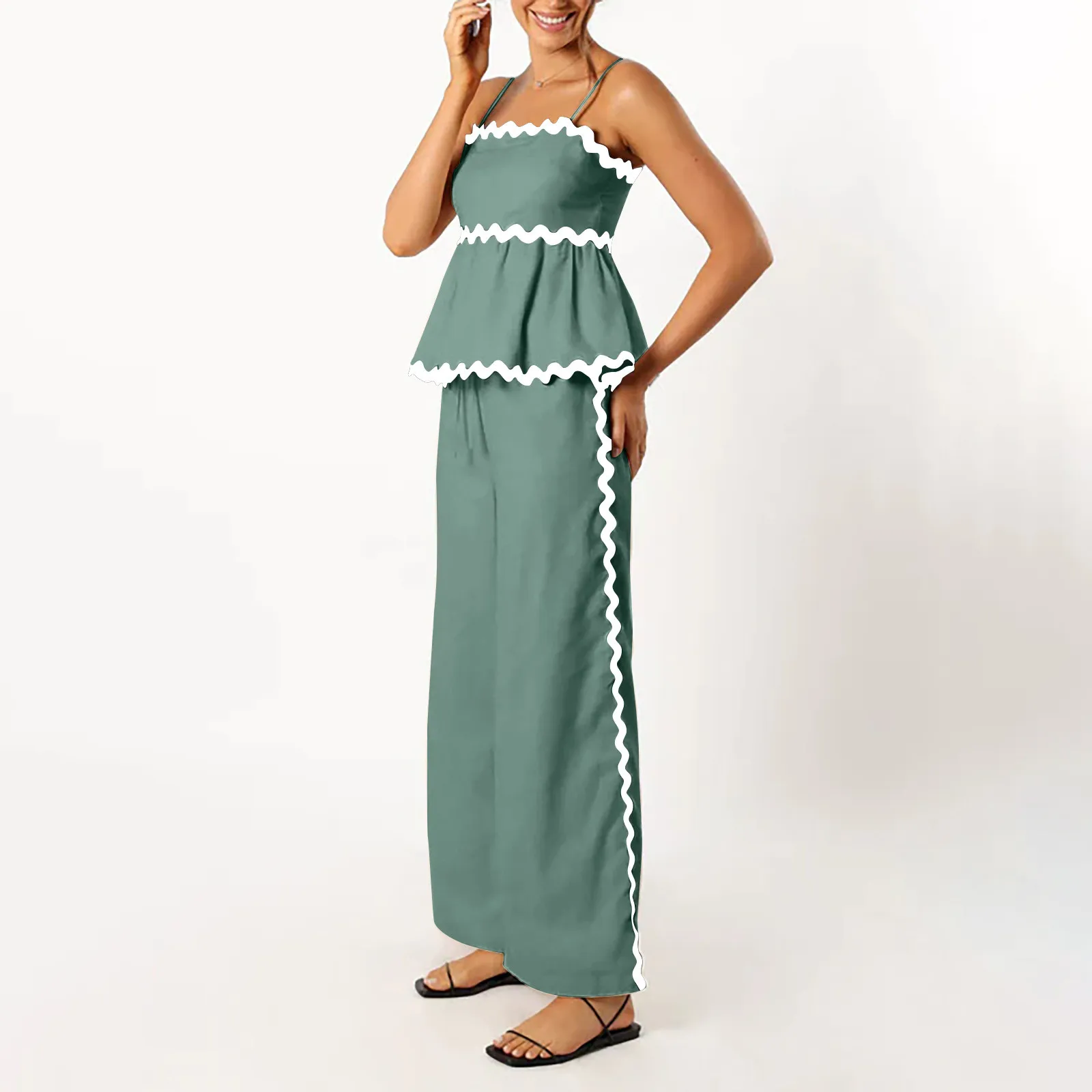 أطقم بنطال صيفية للنساء ، ربط كاجوال ، قمم بروتيل صلبة ، بنطال مستقيم واسع الساق ، طقم من قطعتين بجيوب ، نمط عطلة