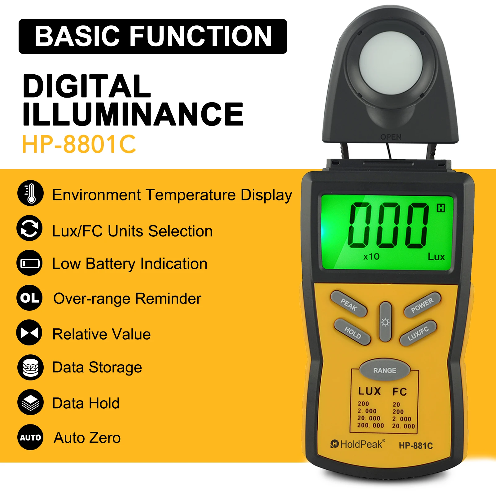 

Lux Meter for Plant Growth Light intensity measurement table HP-881C Handheld Lux Meter Tester Tool Range 0.1 Lux to 200,000 Lux