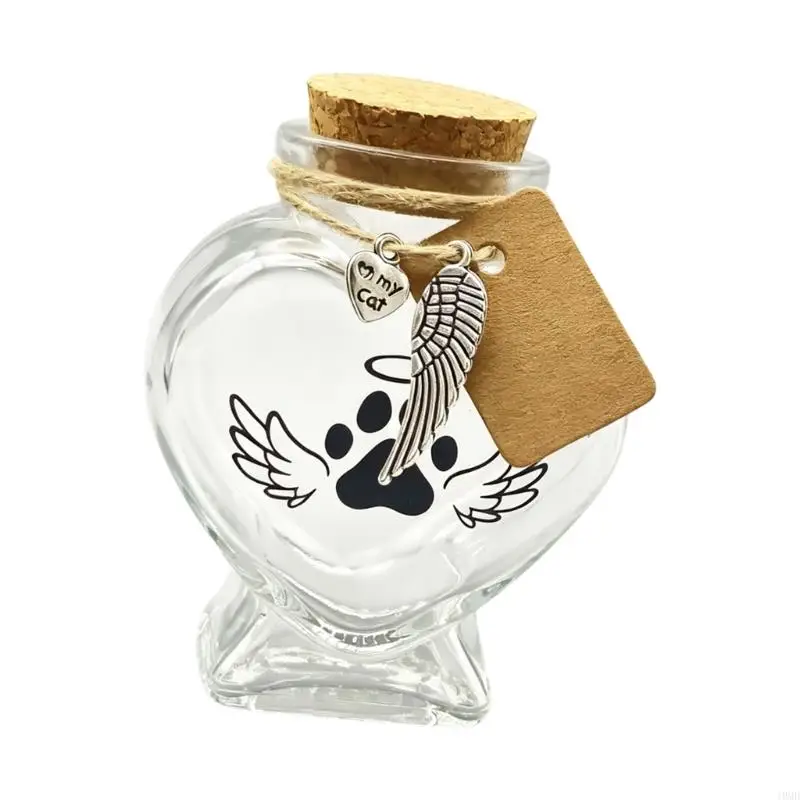 Memorial Bottle for Pet Keepsakes, Heart Glass Jar with Cork Stopper and Wing Paws Ashes Container for Shelf, Desk, Remembrances