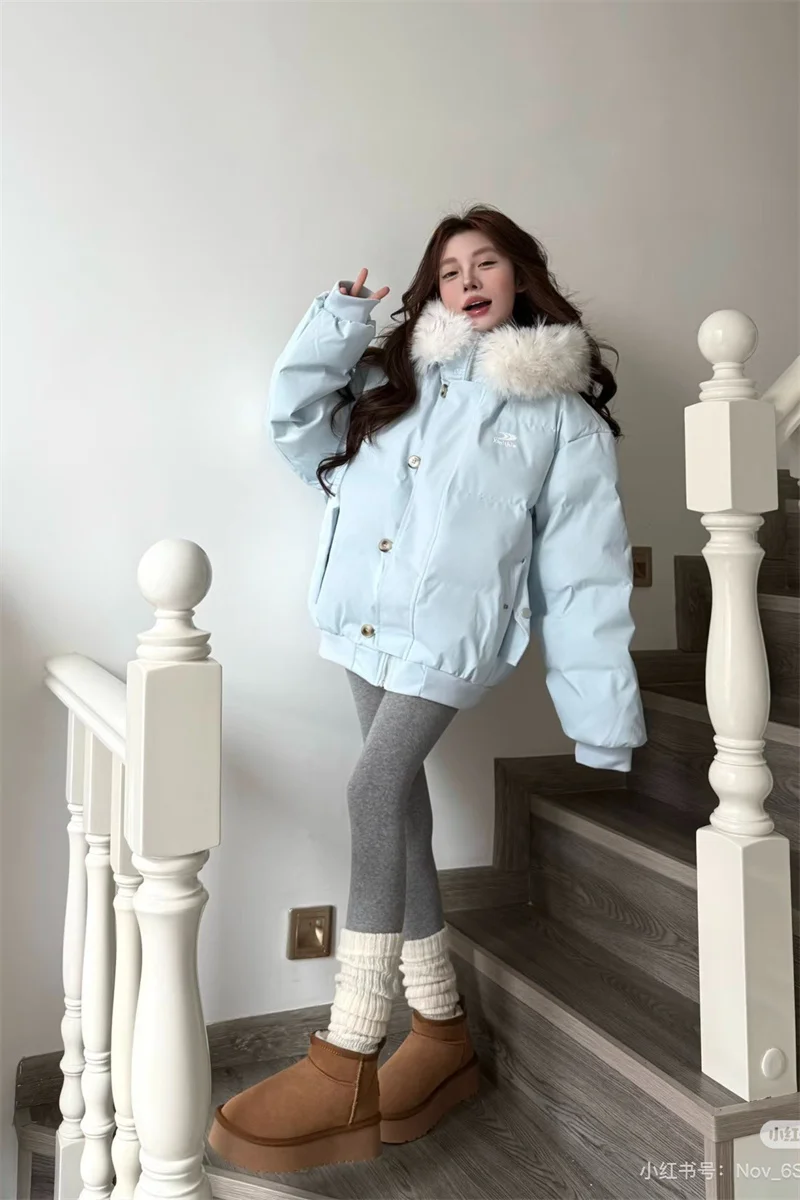 Women Short Hooded Padded Coat Faux Fur Collar Winter Parka Korean College Style Loose Bread Cotton Padded Jacket For Petite