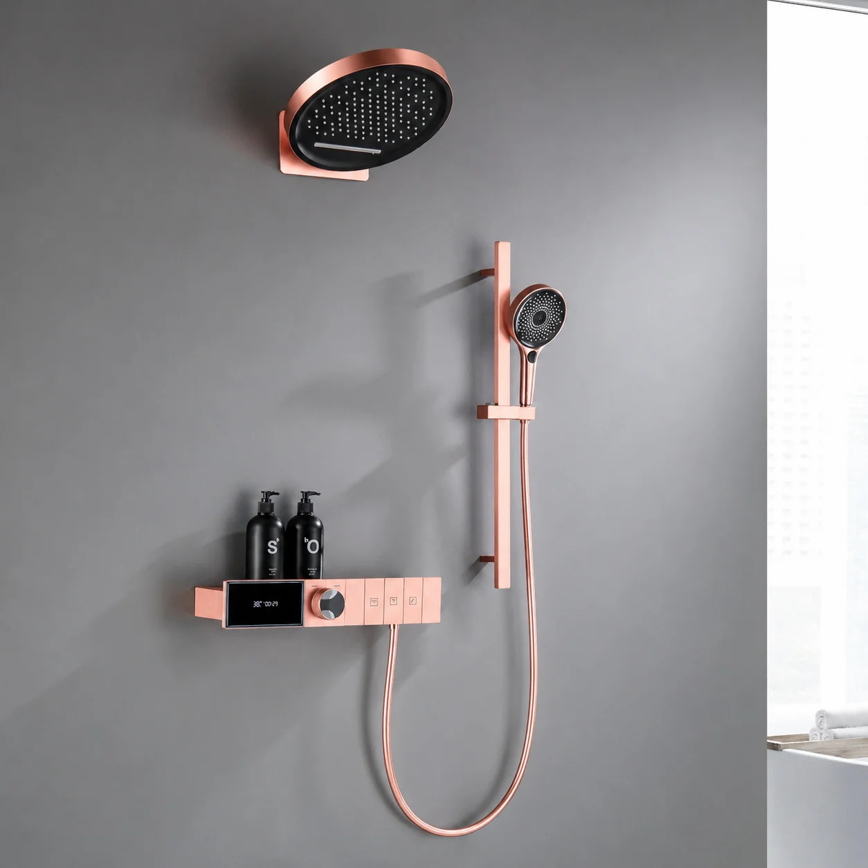 Concealed Shower System Digital Temperature Display Thermostatic Shower Set Wall Mount Rain Shower Head Multifunctional Handheld