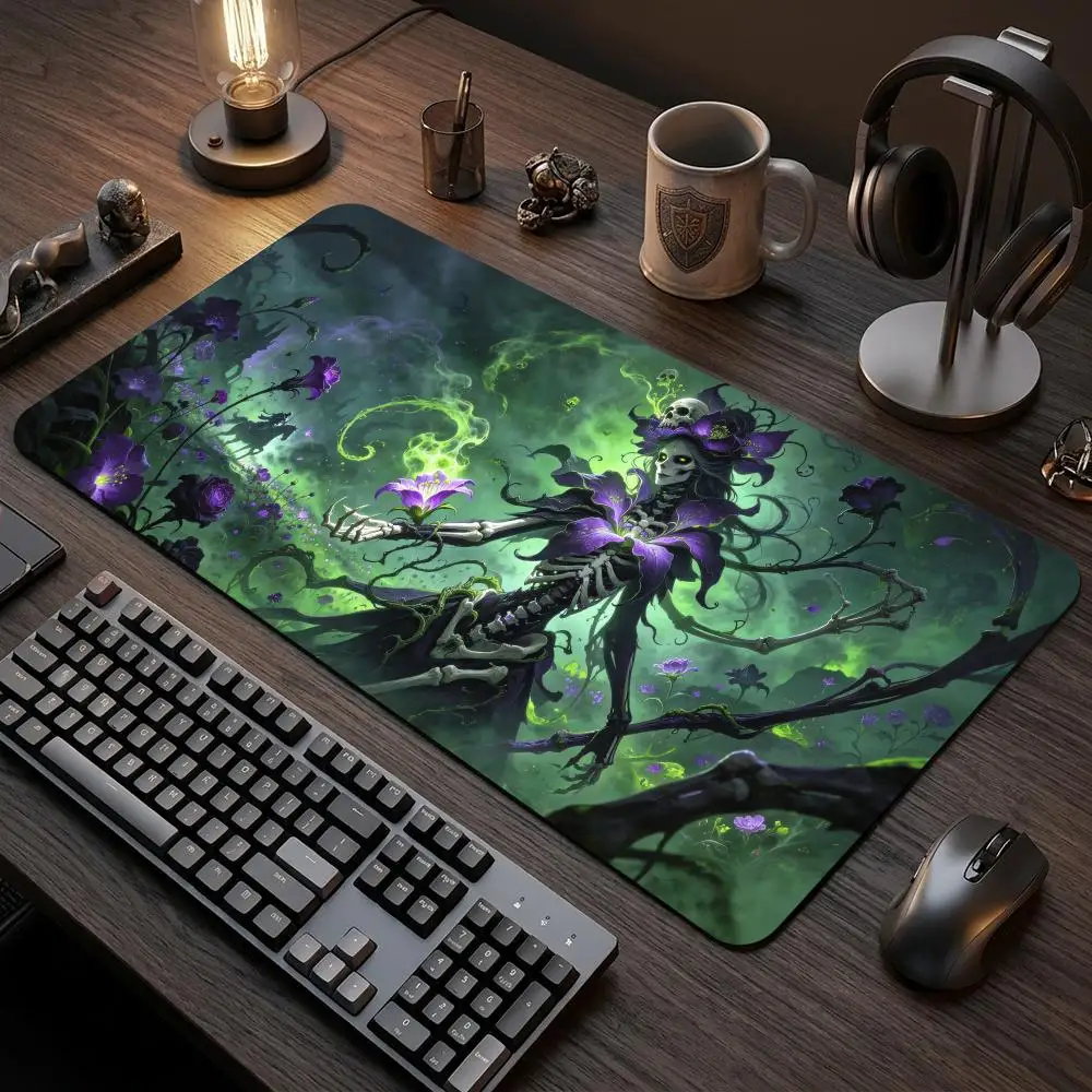 60X35CM Dark Fantasy Necromancer Skeleton Lady TCG Play mat Non-Slip Rubber Base Stitched Edge Table Mat for Card Game Desk pad