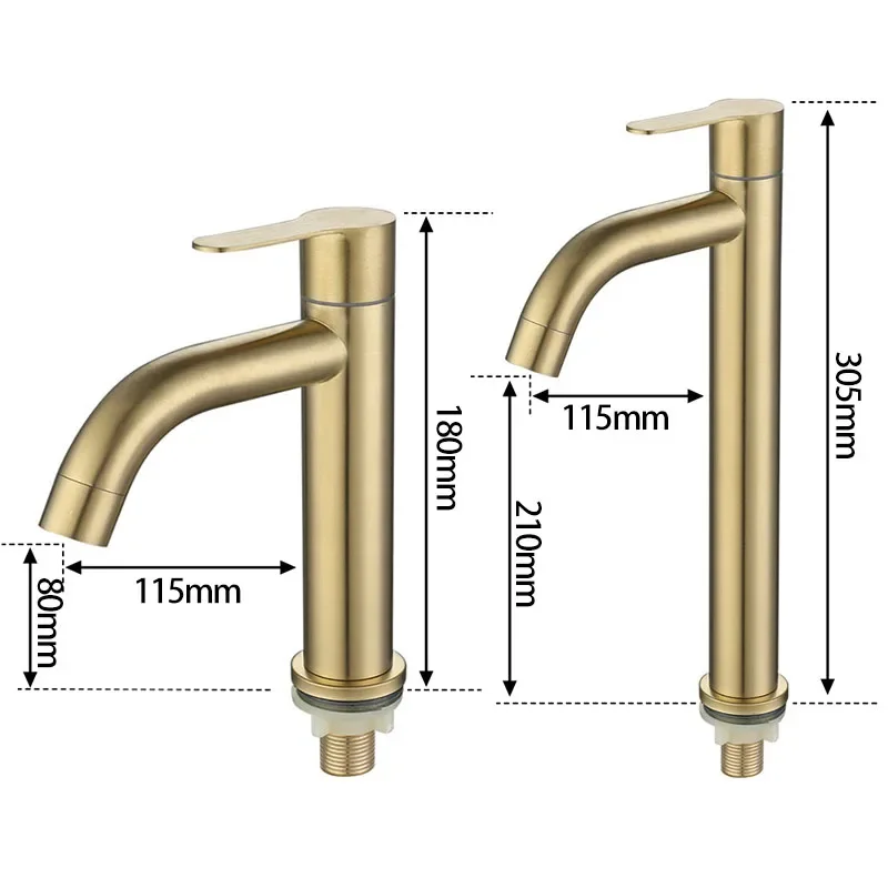 Brushed Gold Basin Faucet Stainless Steel Single Cold Water Tap Deck Mount Waterfall Bathroom Vessel Sink Counter Washbasin Tap