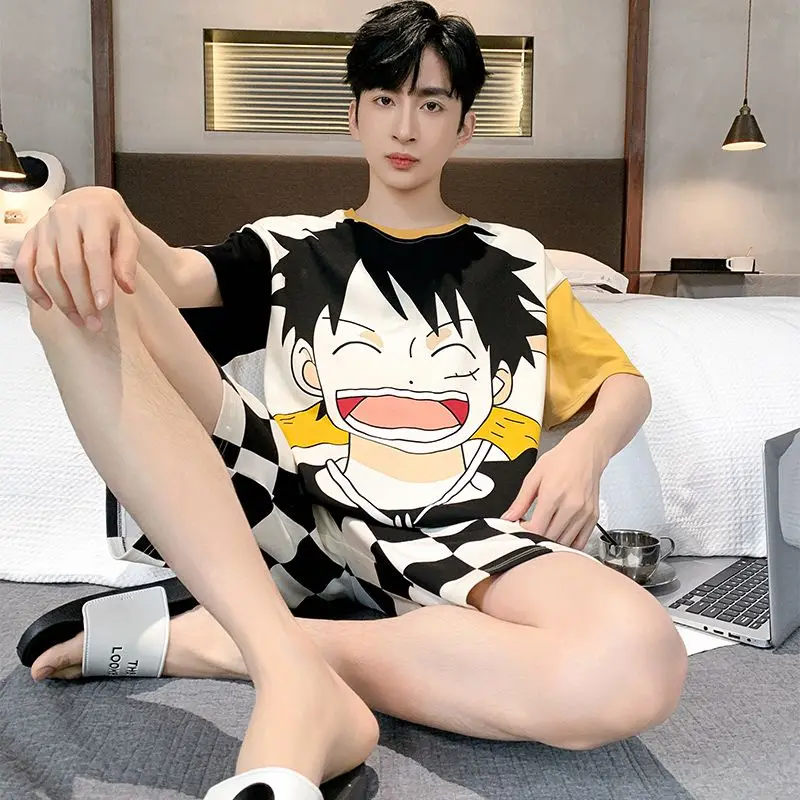 Anime One Piece Luffy Men Short-Sleeved Pajamas Set Summer Cartoon Cotton Thin Section Teenagers HomeWear Set Student Loungewear