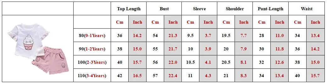 1-4T Girl Clothes Summer Short Sleeve Cartoon Ice Cream Print T-shirt Pant 2PCS Baby Set Children Outfit Kid Tracksuit A486