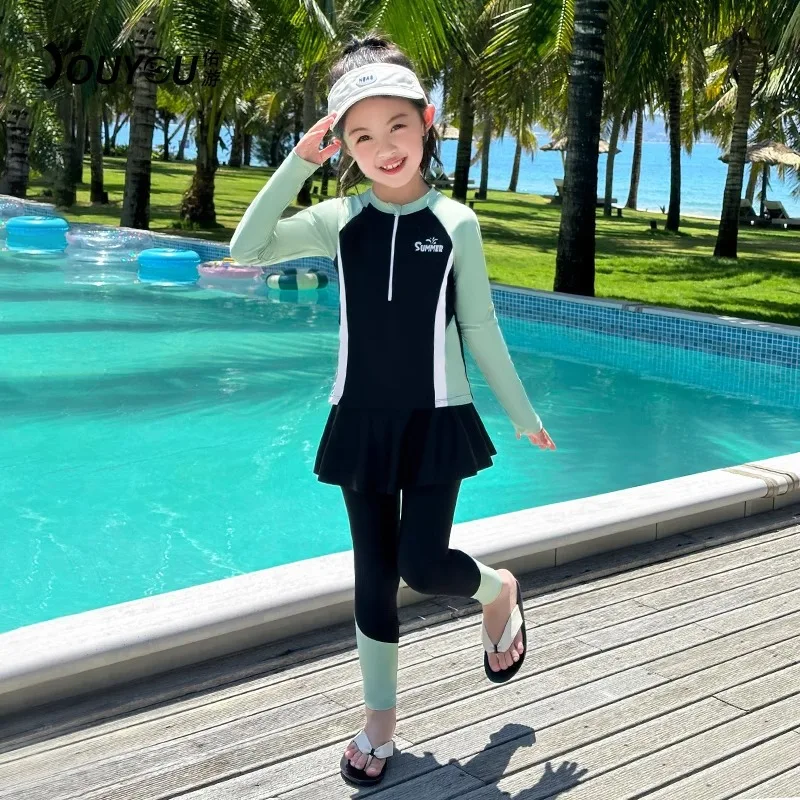 Girls Burkini Three Pieces Kids Long Sleeve Swimsuit With Removable Skirt Children Modest Swimwear Muslim Swimming Suit Bathing