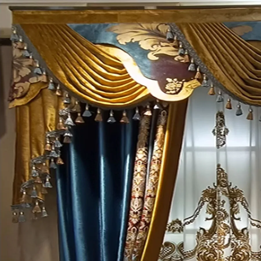 

European High Quality Blue Velvet Embroidery Blackout Window Curtains for Living Dining Room Bedroom Luxury Valance Decor Tulle