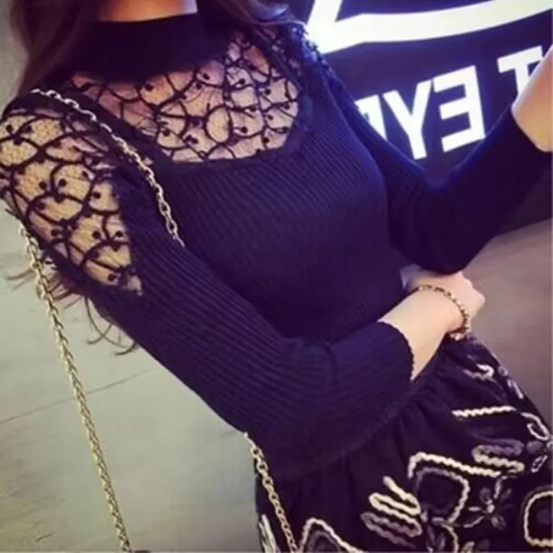 Sexy Spitze Blume Volle Hülse T-shirt 2025, Frühling Herbst Elastizität Schlank Rollkragen Langarm-shirt Büro Dame Elegante Bluse