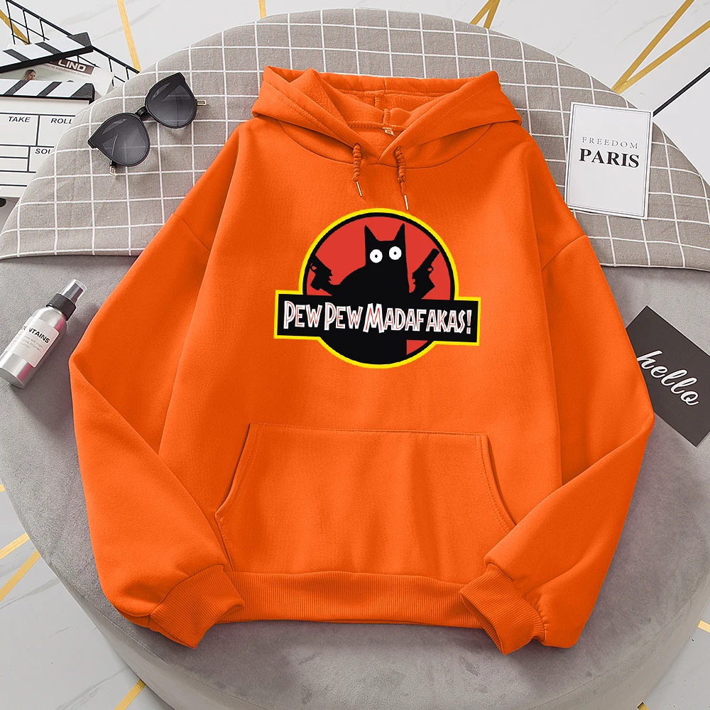 Pew Pew Madafakas Black Cat With Two Guns Tracksuit Women O-Neck Warm Hoodie Casual Daily Sweatshirts Fashion All Match Hooded