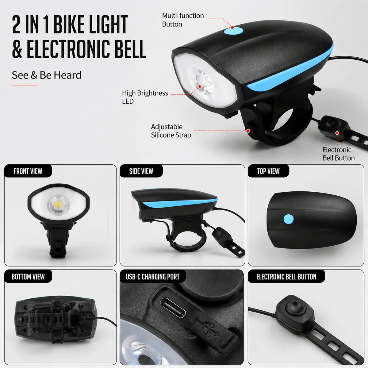 PINMOAP USB Rechargeable Bicycle Headlight and Electronic Horn 120dB MTB Road Bike Handlebar Light with Multiple Modes