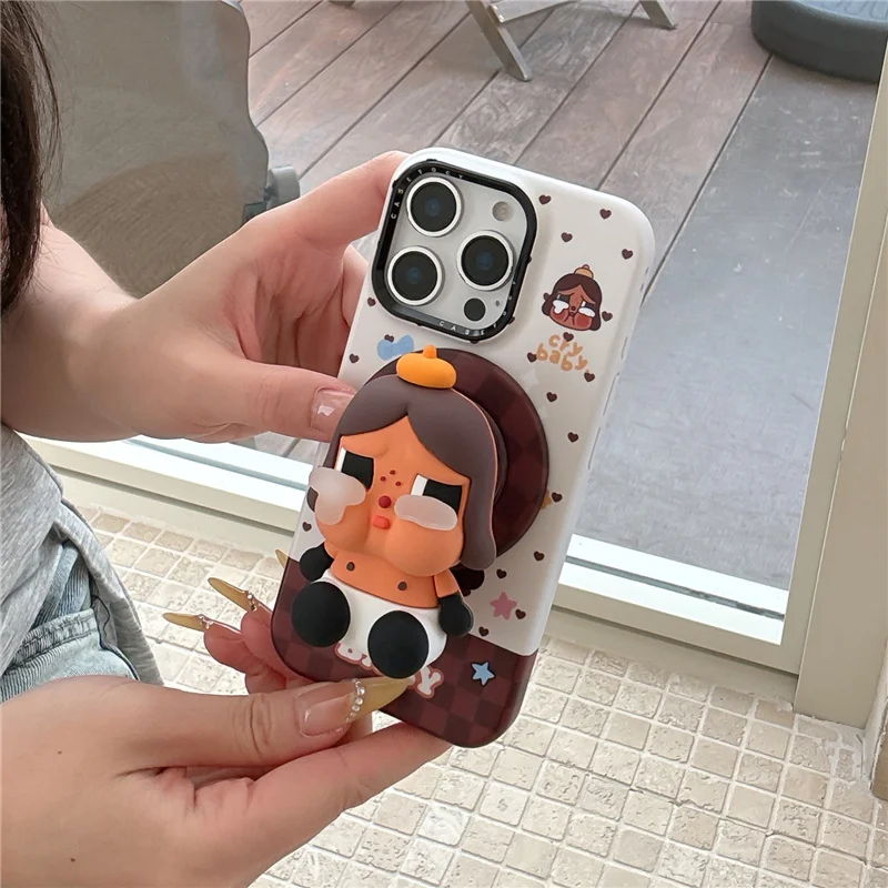 Casing Ponsel Magnetik Motif Kotak-kotak Lucu Korea untuk iPhone 16 Pro 15 14 Pro Max dengan Penyangga untuk Magsafe