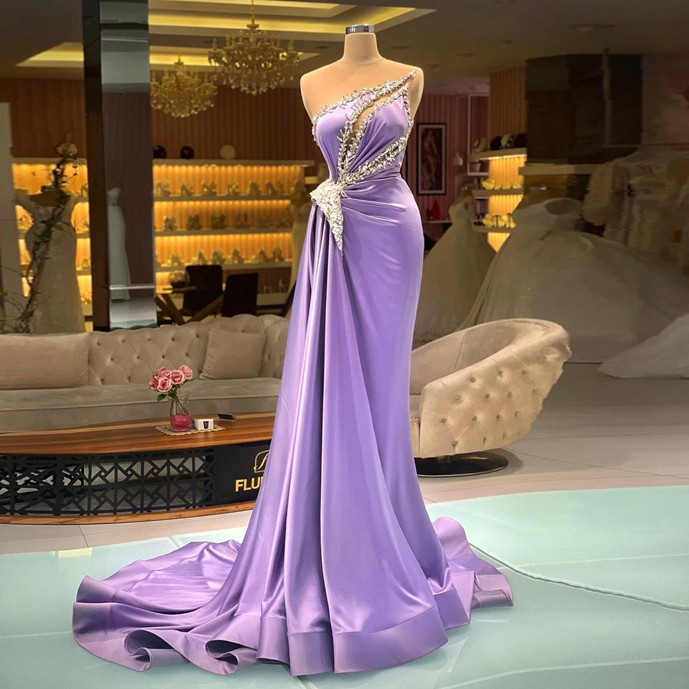 

Yipeisha Sheer Neck Lilac Evening Dresses Beaded Satin Mermaid Party Dress Long Formal Occasion Wear Robe de Soiree