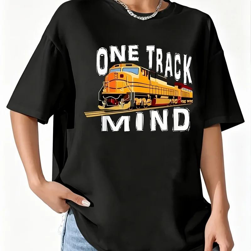 One Track Mind Train Engine Women's T-Shirt 100% Cotton Fun Print Short Sleeve Top Casual Round Neck Tee S-5Xl