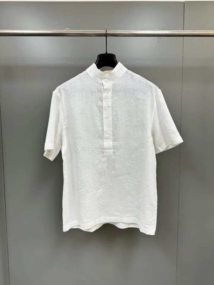 LP Old Money Style New Arrival Men Linen Short Sleeve Mandarin Square Collar Button Side Swallow Tail Vent Shirt