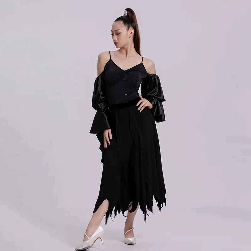 فستان رقص أسود قياسي قاعة الرقص الحديث أداء الملابس قبالة الكتف قاعة الرقص زي ارتداءها تنورة 2585