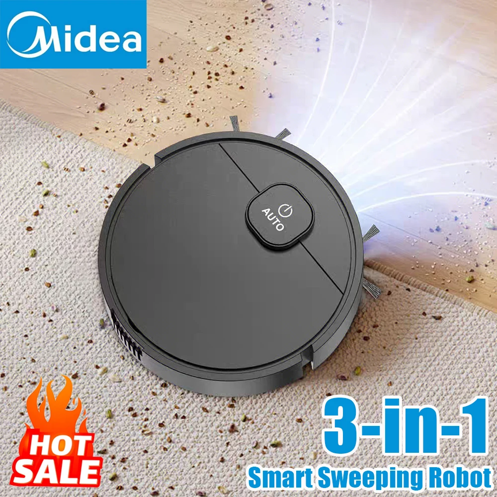 Midea 3-in-1 Robot Penyapu Pintar Pembersih Pintar Dapat Diisi Ulang Penyedot Debu Otomatis Sepenuhnya Menyapu Puing-puing Bulu Hewan Peliharaan Peralatan Rumah Tangga