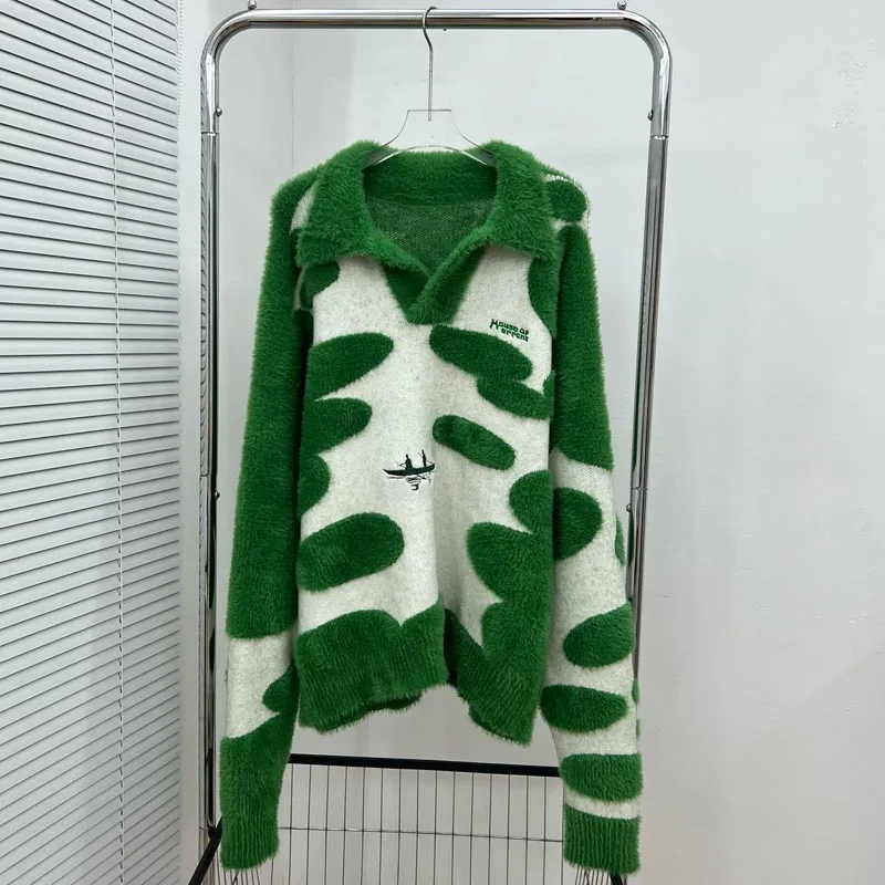 Autumn Winter Contrasting Plush Irregular Green Jacquard House of Errors Pullover Embroidered Polo Collar Loose Sweater Pattern