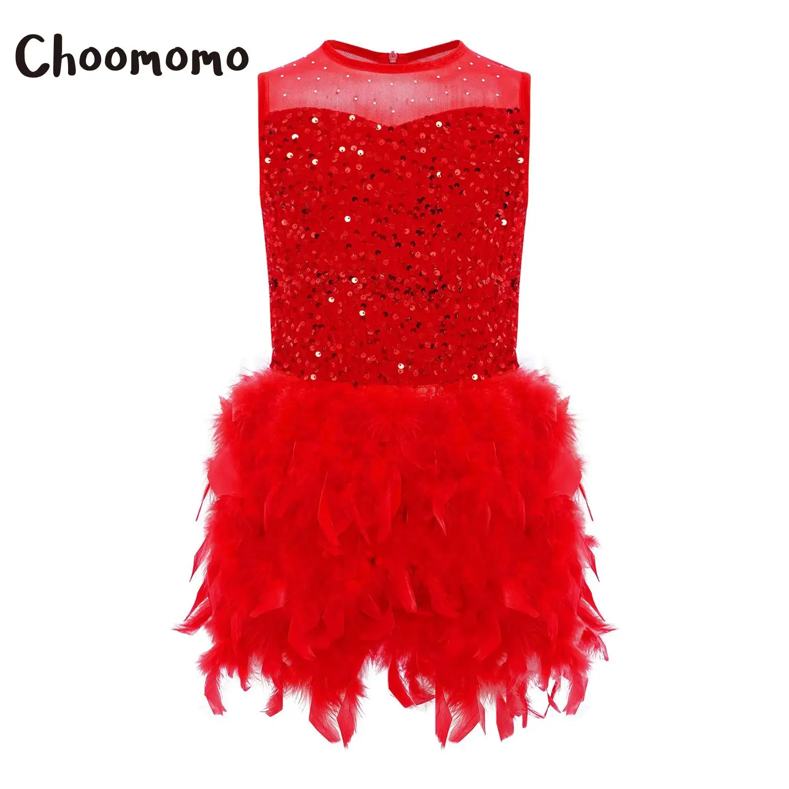

Girls Jazz Dance Performance Costume Ballet Leotard Dress Sparkly Sequins Bodice Feather Tulle Skirted Velvet Skating Tutu Dress