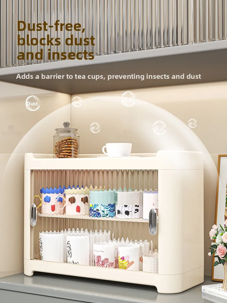

Настольный органайзер для чашек с выдвижной дверцей, шкаф для хранения, герметичный, пылезащитный, многослойный, пластиковый, для чайных чашек и кружек