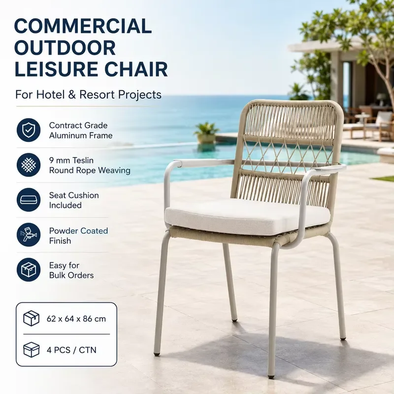Anna Aluminum Teslin Rope Waterproof Outdoor Dining Leisure Chair FLD1210 with Cushion for Hotel Resort Patio Commercial Use