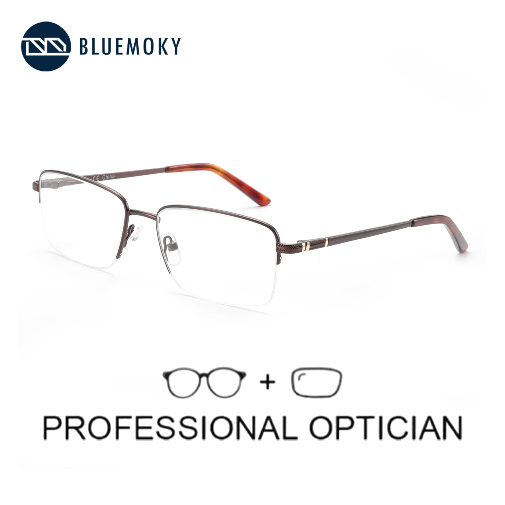 BLUEMOKY Men Half Rim Prescription Eyewear Metal Progressive Optical Glasses Anti-Blue Light Myopia Eyeglasses