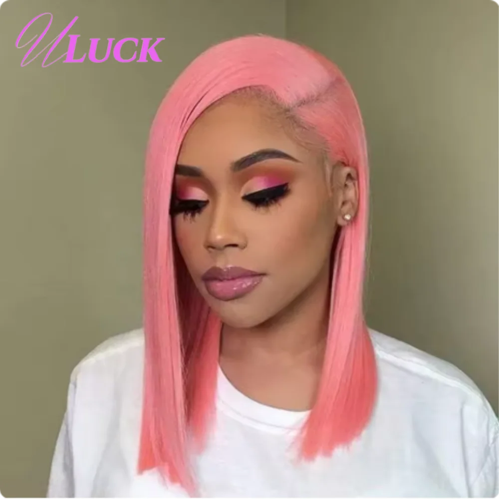 

Uluck Short Straight Bob Wigs Rose Pink Colored Double Drawn Remy Human Hair Wigs 200% Density 13x4 Lace Frontal Wigs For Women