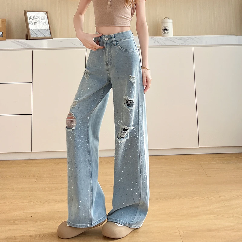Women's High Waist Baggy Jeans Rhinestone & Ripped Design Vintage Wash Denim Pants Loose Casual Streetwear Hollow Out Frayed
