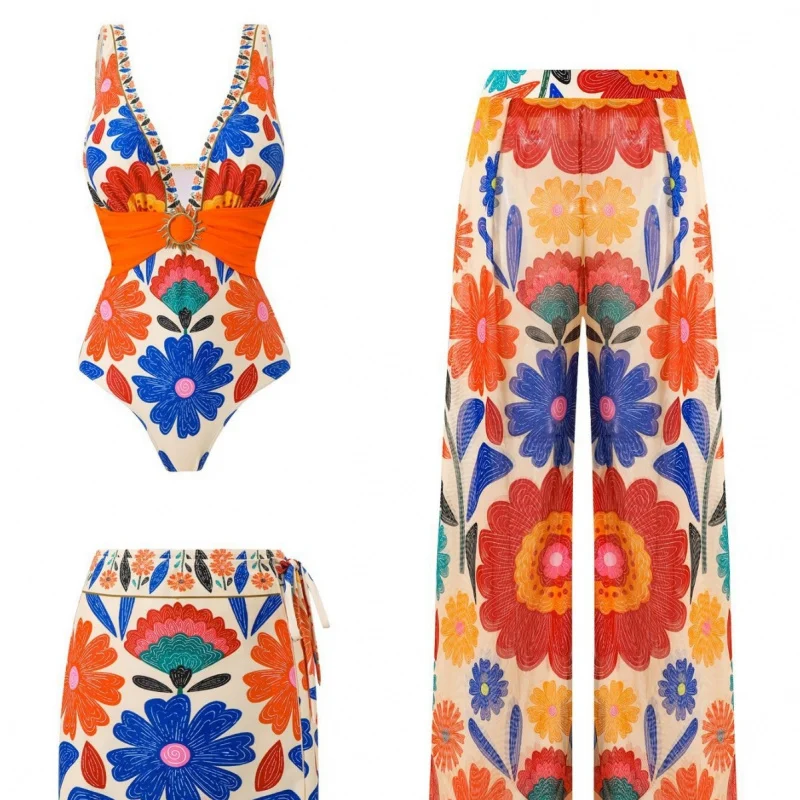2026New women's swimwear with bohemian print, resort-style long pants and short skirt fashion swimsuit set