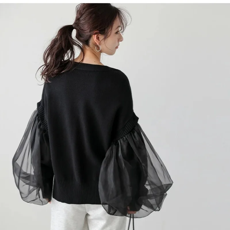 

Autumn Winter New V-neck Long Sleeve Splicing Knitted Cardigan Solid Color Knitwear Top
